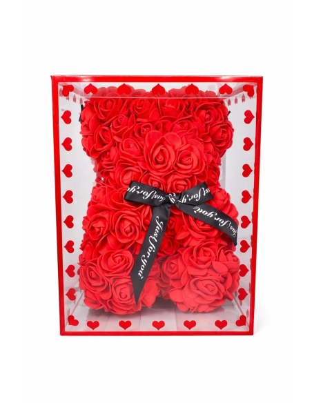 OSO DE ROSA CON CAJA COLOR ROJO ALT.18CM