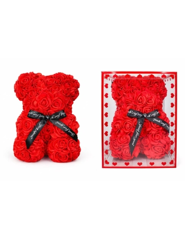 OSO DE ROSA CON CAJA COLOR ROJO ALT.18CM