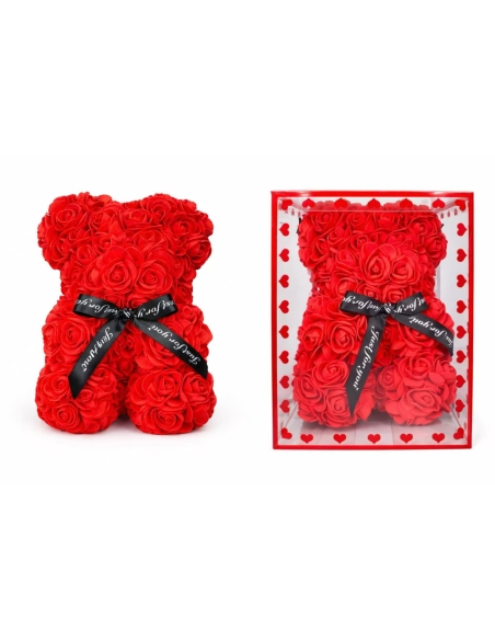 OSO DE ROSA CON CAJA COLOR ROJO ALT.18CM