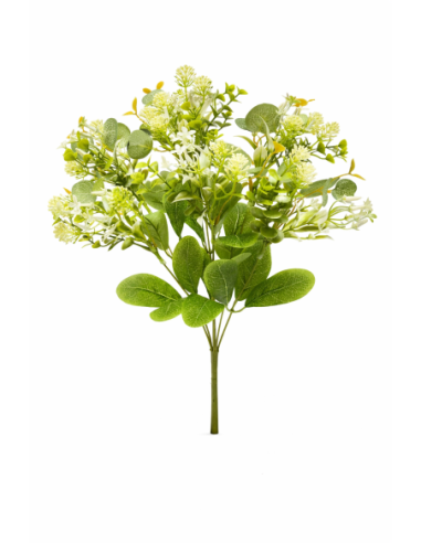 RAMO DE EUCALIPTO CON FLORES BLANCAS X7 45CM