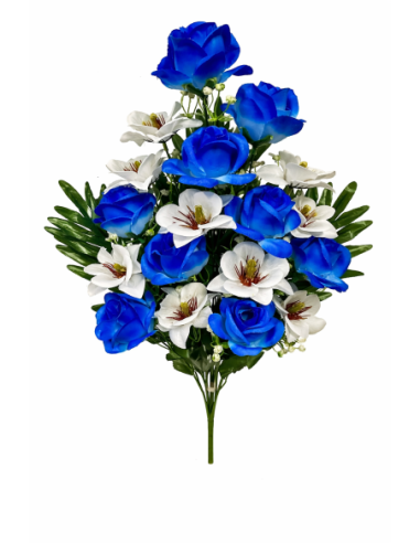 RAMO FLORAL AZUL CON PALMA 65CM